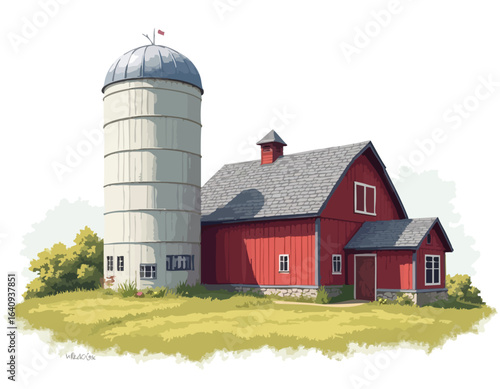 Classic red barn and silo on a grassy hill in a rural farm setting.