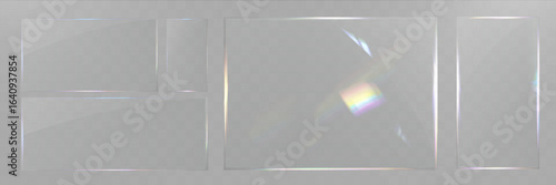 Transparent glass frame set isolated, realistic clear plastic film border, shiny glare overlay, vector template for photo decoration.
