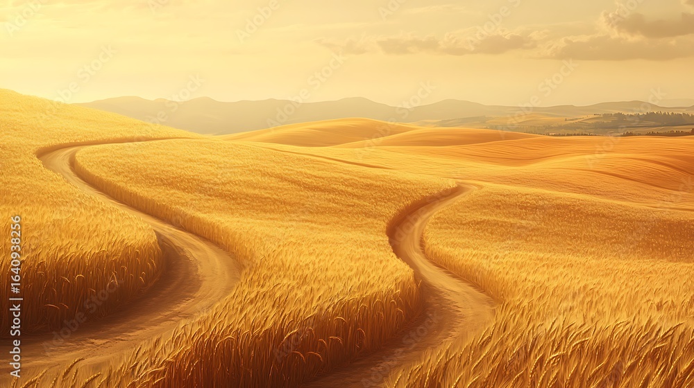 Naklejka premium Winding Path Through Golden Wheat Field at Sunset Rural Countryside