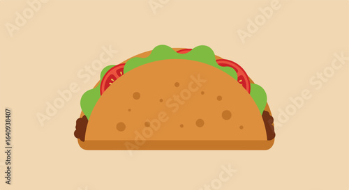 Taco time Ground beef, lettuce, tomato filling in a shell on light tan backdrop