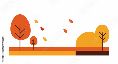 A whimsical autumn scene with stylized trees, leaves and sun.