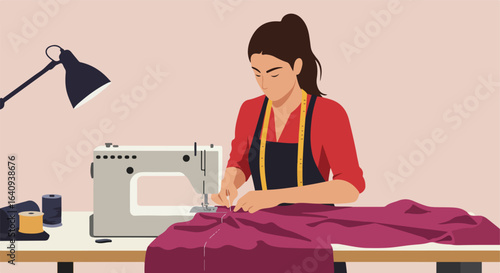 Seamstress works using her sewing machine and thread, with tape measure on neck