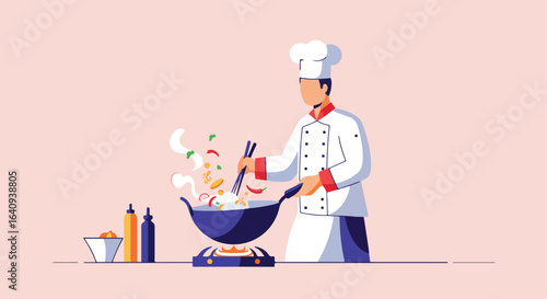 Chef at wok, cooking. Vegetables and steam rise. Bottles and ingredients rest