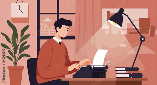 Man in office, by typewriter, clock, lamp, plant, and books on a desk