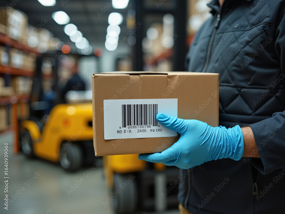 Fototapeta premium A modern warehouse worker holds a cardboard box with a barcode, showcasing the intersection of aging population and technology in logistics and supply chain management