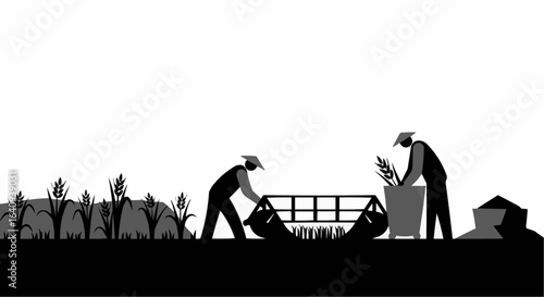 Farmers harvesting crops in a field.