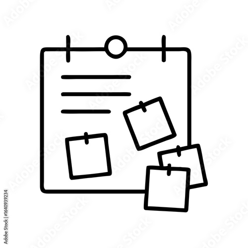 Black outline icon of a pinboard with sticky notes, representing planning, organization, and task management.

