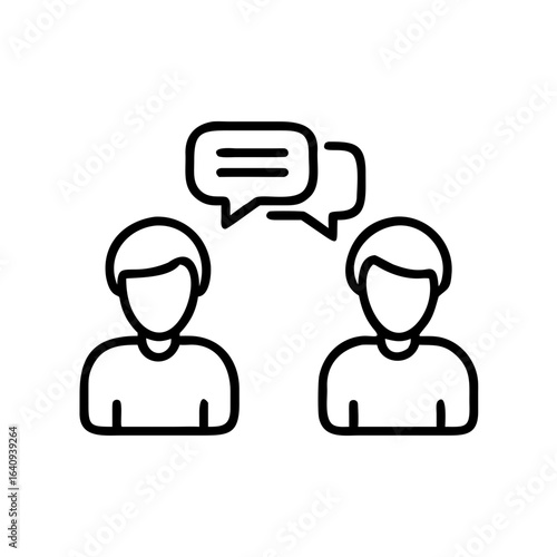 Minimal black line icon showing two people with speech bubbles, symbolizing discussion, chat, and interpersonal communication.
