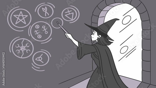 A halloween themed illustration featuring a cat wearing a witch hat inside a boba tea cup at night time