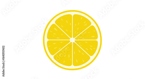 A sliced lemon with yellow sections and white lines, on a white background