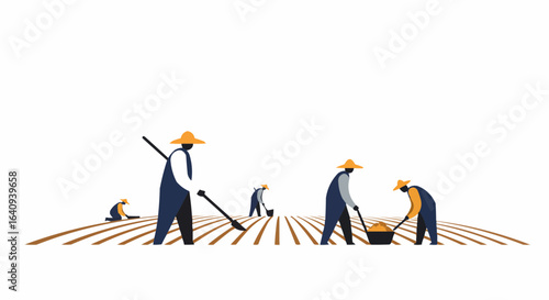 People working in the field with agricultural tools 