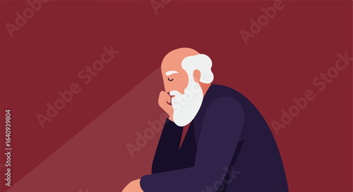 Elderly man with a beard in deep thought, set on a burgundy colored background