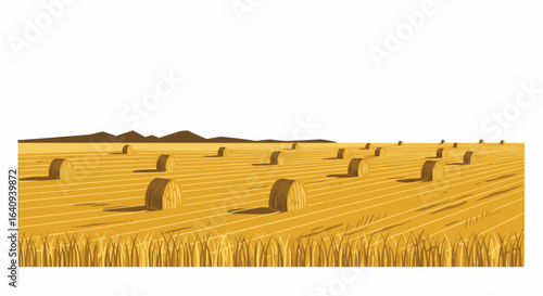 Golden hay bales scattered across a vast field, hinting at the season's harvest.