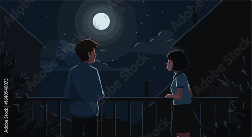 Moonlight Serenade Two figures look at the moon on a starry night balcony