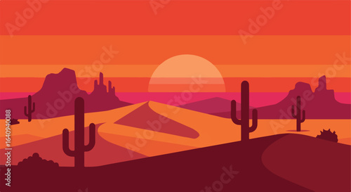 Desert landscape at sunset with cacti silhouettes, mountains, and gradient sky