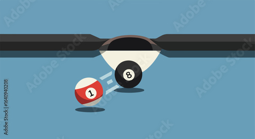 Balls near the pool pocket, one going to hit the 8 ball at the side of the table