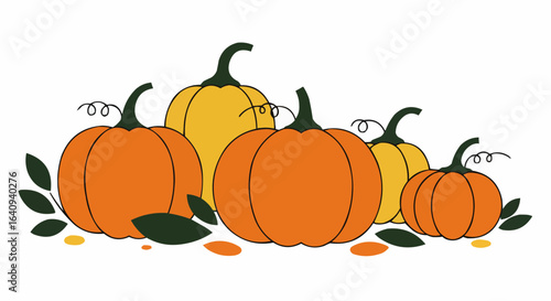 Five pumpkins in a row, perfect for autumn display or harvest celebration.