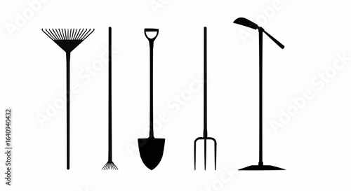 Silhouette of various garden tools arranged against the backdrop, symbolizing the essence of gardening and outdoor work.