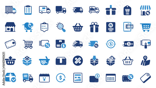 Collection of blue delivery and shopping icons representing e commerce and retail services