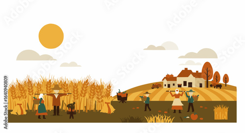An illustration of a rural harvest scene with figures in traditional attire engaged in farming activities.