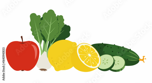 Fresh ingredients for a healthy smoothie, including a red apple, green vegetable, yellow lemons, and cucumber. 