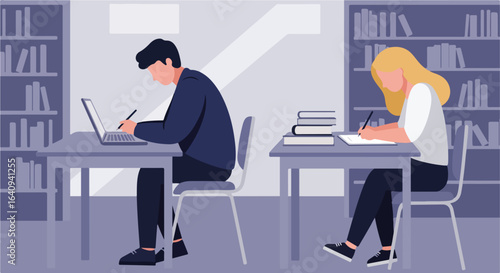 Students at desks one with laptop, one writing, books on shelf background