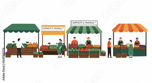 A lively farmers market bustling with vendors and customers, showcasing a colorful array of fresh produce and goods.