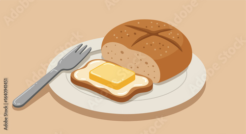 Buttery breakfast brown roll, toast with butter, and a grey fork on a white plate