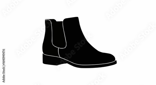 A simple black Chelsea boot, presented in a minimalistic, shadow style.