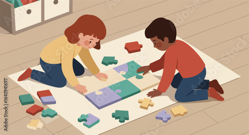 Kids assemble a puzzle on floor. Children work as a team, solving jigsaw puzzle pieces