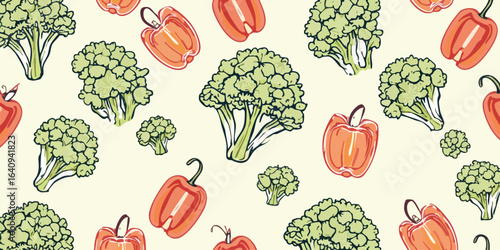 A vibrant, hand-drawn seamless pattern featuring fresh green broccoli and red bell peppers on a light background.