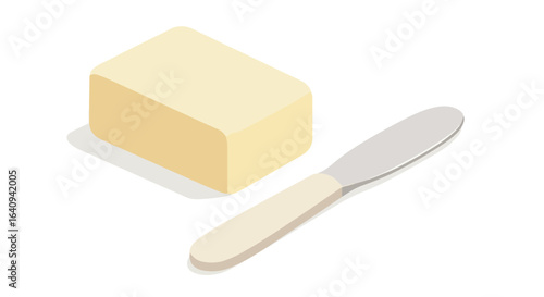 Simple isometric illustration of pale yellow brick and spreading knife on white