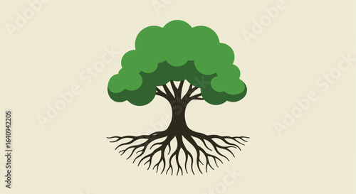 Tree with roots Lush, full leaves, and intricately branching roots against light background