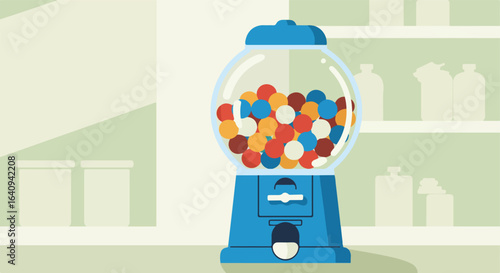 A blue gumball machine, full of gumballs, is on a shelf with jars in the background