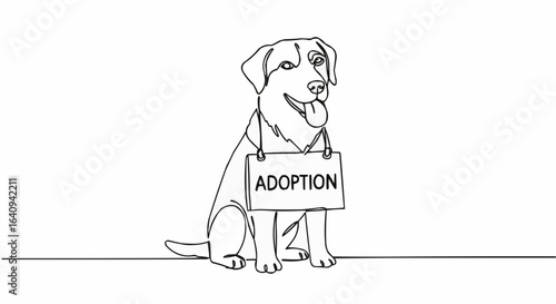 A heartwarming line art illustration of a dog with an adoption sign. 