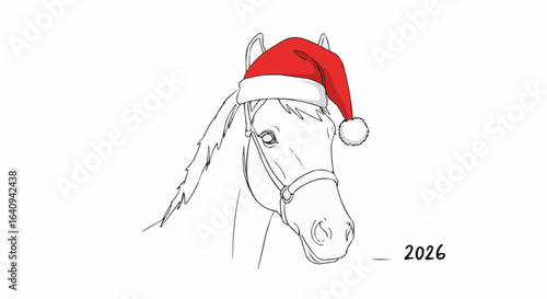 A festive horse wearing a Santa hat, sketched in anticipation of 2026.