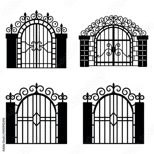 Vector set of vintage wrought iron gates for fence and arch decoration
