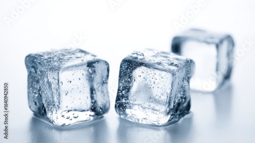 Three Ice Cubes on a Reflective Surface, Perfect for Refreshment and Beverage Concepts