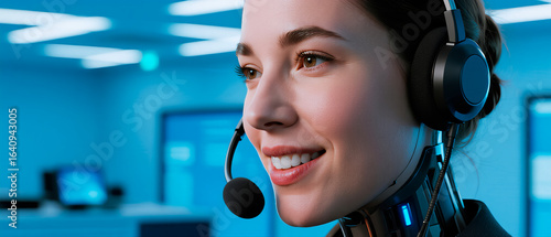 Mujer cyborg de servicio al consumidor en call center. Mujer cyborg de soporte técnico