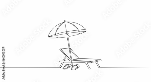 Relaxing beach chair under an umbrella with sandals.