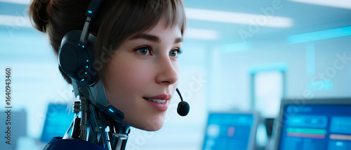 Mujer cyborg de atención al cliente en call center