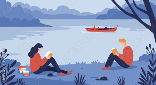 Reading in nature people relaxing by a lake, a rowboat drifting idly on calm waters