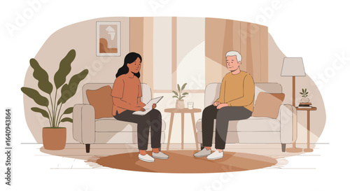 Therapy session illustration with a woman taking notes in a cozy setting