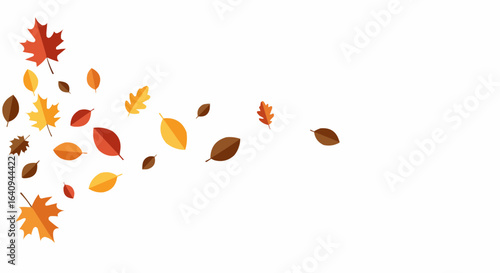 Autumn leaves in various shapes and colors fluttering in the wind.