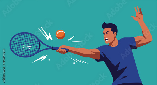 Tennis player swinging racket at a ball with intense focus against teal background