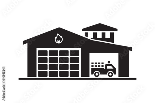  Black Silhouette of a Fire Station Building with an Emergency Fire Truck