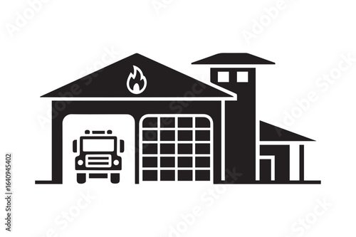 Black Silhouette of a Fire Station Building with an Emergency Fire Truck