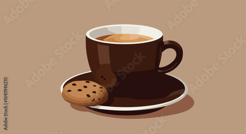 A drink in a cup rests upon a saucer with a cookie on it, brown background