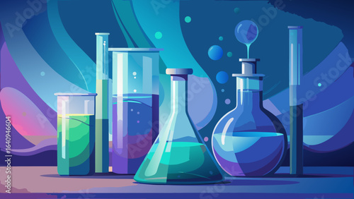 Illustration of laboratory glassware with colorful liquids on a blue abstract background