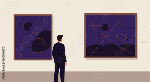 Person viewing abstract art, dark shapes and lines, in a museum setting on a wall